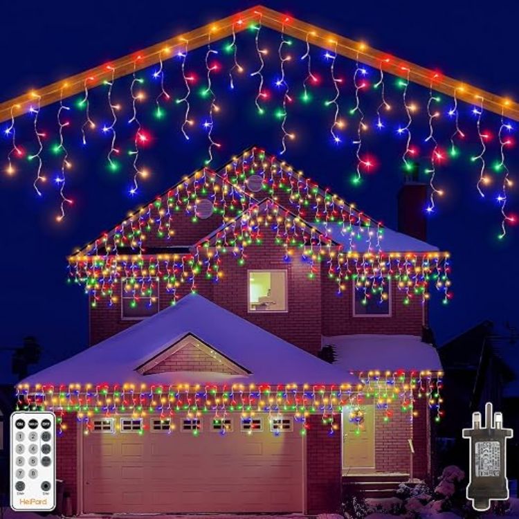Picture of Outdoor Christmas, 486 LED Warm White Remote Control  Mains Powered Fairy Lights IP44 Waterproof 8 Modes Timer Memory Connectable House Roof Gutter Porch Garden Xmas Decorations