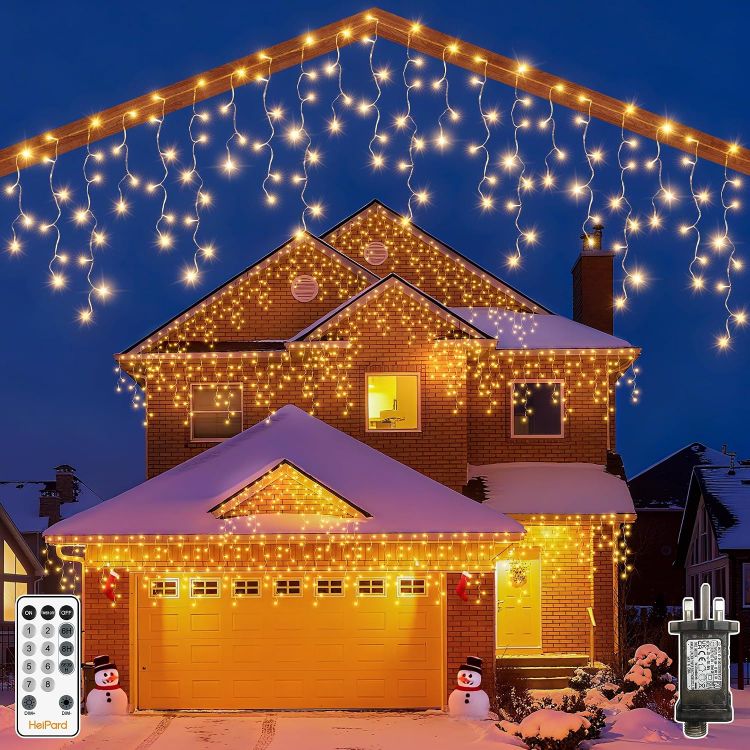 Picture of Outdoor Christmas, 486 LED Warm White Remote Control  Mains Powered Fairy Lights IP44 Waterproof 8 Modes Timer Memory Connectable House Roof Gutter Porch Garden Xmas Decorations