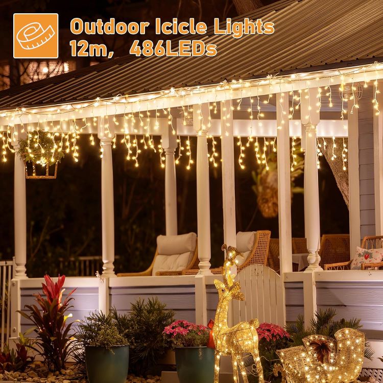 Picture of Outdoor Christmas, 486 LED Warm White Remote Control  Mains Powered Fairy Lights IP44 Waterproof 8 Modes Timer Memory Connectable House Roof Gutter Porch Garden Xmas Decorations