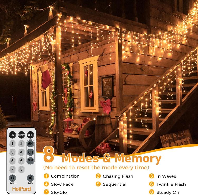 Picture of Outdoor Christmas, 486 LED Warm White Remote Control  Mains Powered Fairy Lights IP44 Waterproof 8 Modes Timer Memory Connectable House Roof Gutter Porch Garden Xmas Decorations