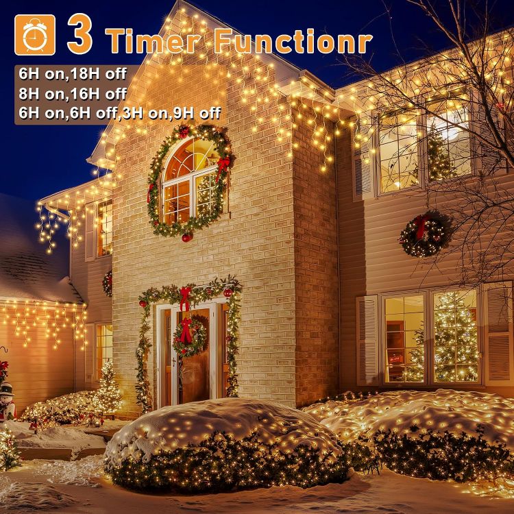 Picture of Outdoor Christmas, 486 LED Warm White Remote Control  Mains Powered Fairy Lights IP44 Waterproof 8 Modes Timer Memory Connectable House Roof Gutter Porch Garden Xmas Decorations