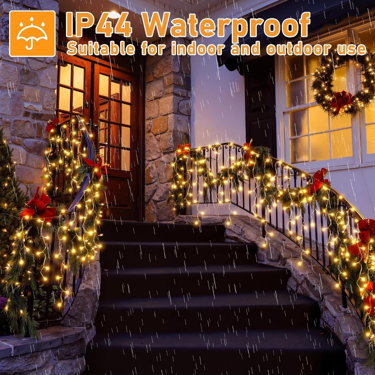 Picture of Outdoor Christmas, 486 LED Warm White Remote Control  Mains Powered Fairy Lights IP44 Waterproof 8 Modes Timer Memory Connectable House Roof Gutter Porch Garden Xmas Decorations