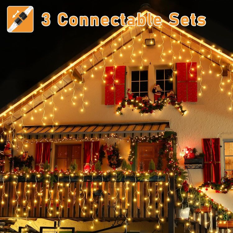 Picture of Outdoor Christmas, 486 LED Warm White Remote Control  Mains Powered Fairy Lights IP44 Waterproof 8 Modes Timer Memory Connectable House Roof Gutter Porch Garden Xmas Decorations