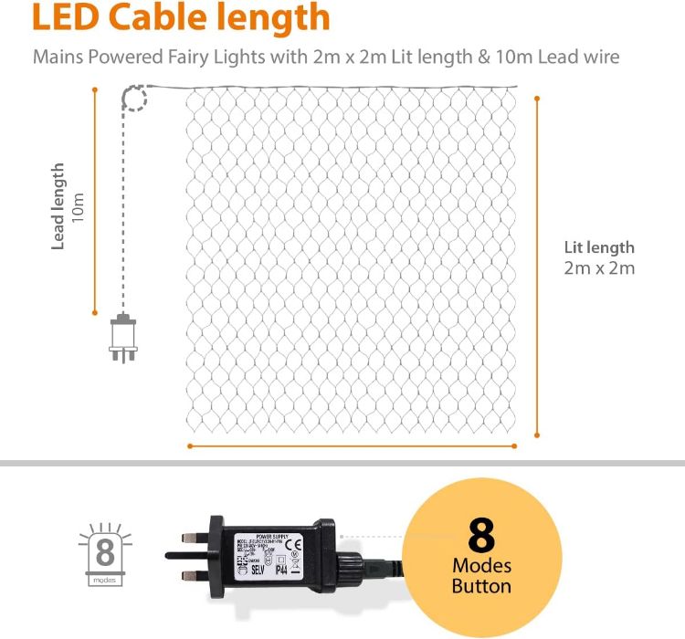 Picture of 200 LED 2 x 2m Warm White Fairy Christmas Lights with Timer, Mains Powered Mesh Lights for Indoor Outdoor Xmas Trees, Windows, Garden Party Decorations