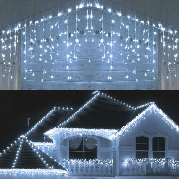 Picture of 240LEDs Waterfall Icicle Christmas Lights Cool White - Multifunction 8 Modes, Timer Clear Cable Indoor/Outdoor Low Voltage Waterproof Curtain Light Christmas Decoration