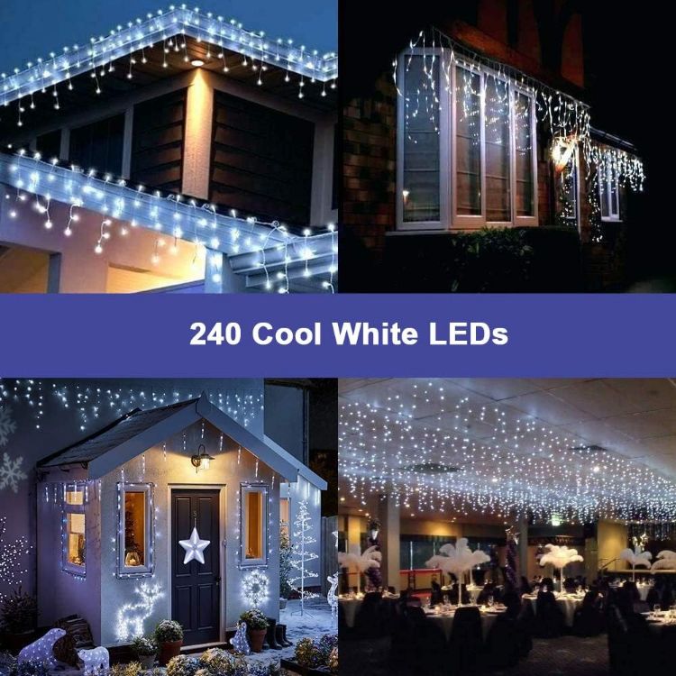 Picture of 240LEDs Waterfall Icicle Christmas Lights Cool White - Multifunction 8 Modes, Timer Clear Cable Indoor/Outdoor Low Voltage Waterproof Curtain Light Christmas Decoration