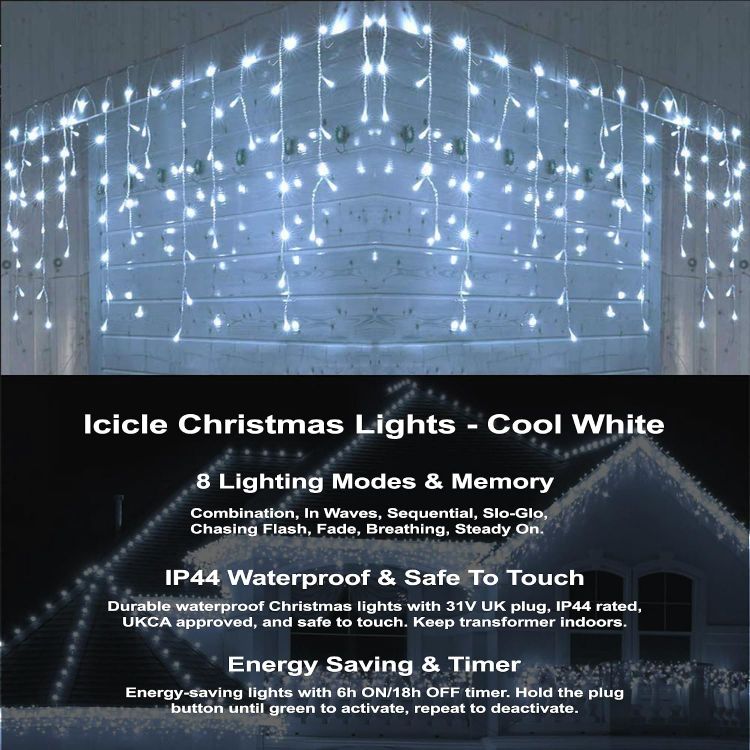 Picture of 240LEDs Waterfall Icicle Christmas Lights Cool White - Multifunction 8 Modes, Timer Clear Cable Indoor/Outdoor Low Voltage Waterproof Curtain Light Christmas Decoration