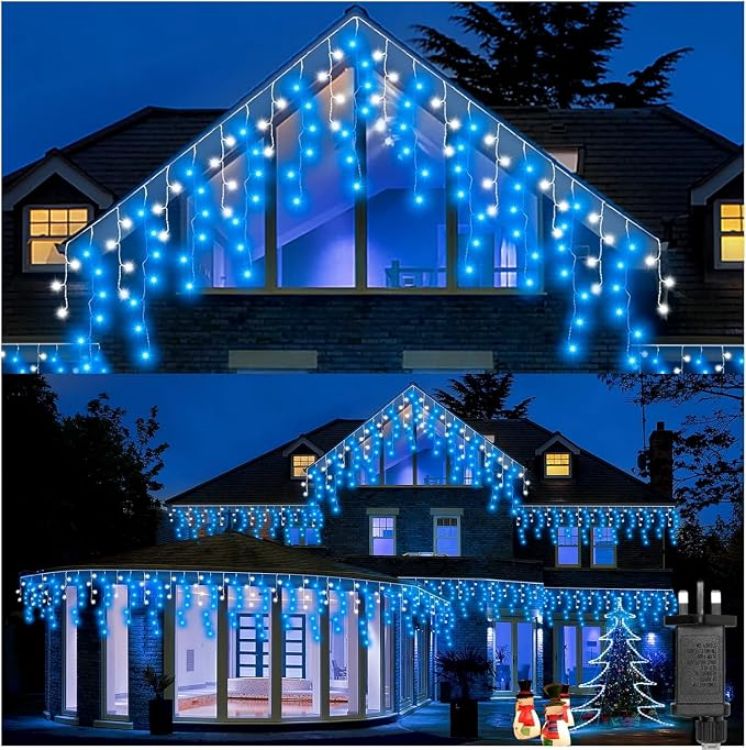 Picture of 240LEDs Waterfall Icicle Christmas Lights Cool White - Multifunction 8 Modes, Timer Clear Cable Indoor/Outdoor Low Voltage Waterproof Curtain Light Christmas Decoration