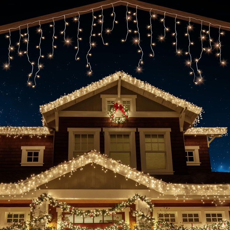 Picture of Outdoor Christmas Lights 220 LED 7.5m/24ft Icicle Lights Outdoor & Indoor Warm White Decorations String Fairy Outside Lights with Timer for Xmas Garden Bedroom & Party|Mains Powered Clear Cable