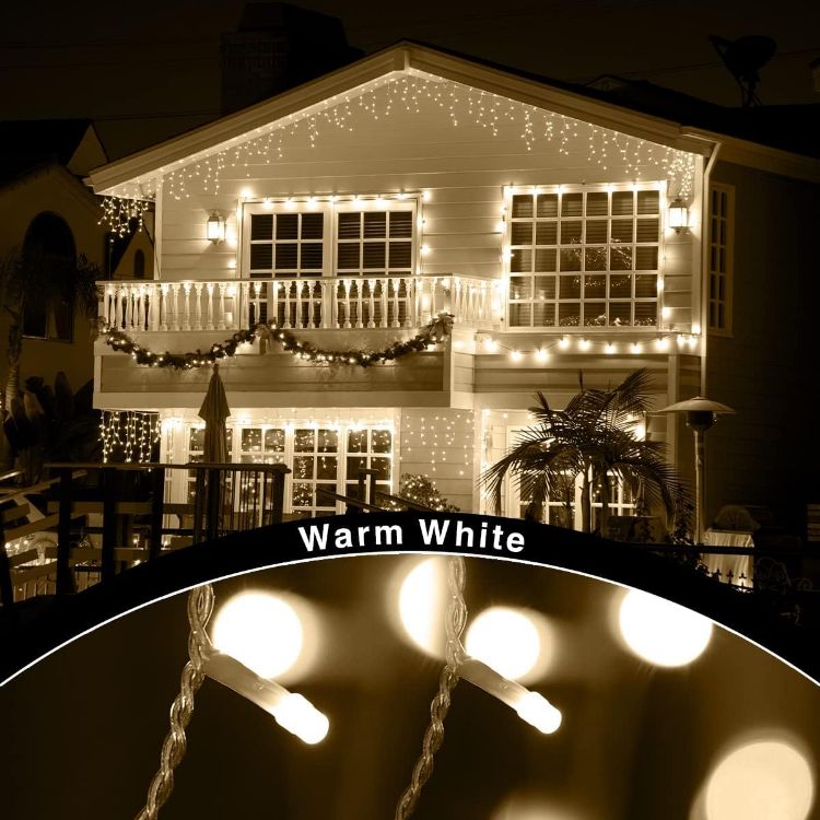 Picture of Outdoor Christmas Lights 220 LED 7.5m/24ft Icicle Lights Outdoor & Indoor Warm White Decorations String Fairy Outside Lights with Timer for Xmas Garden Bedroom & Party|Mains Powered Clear Cable