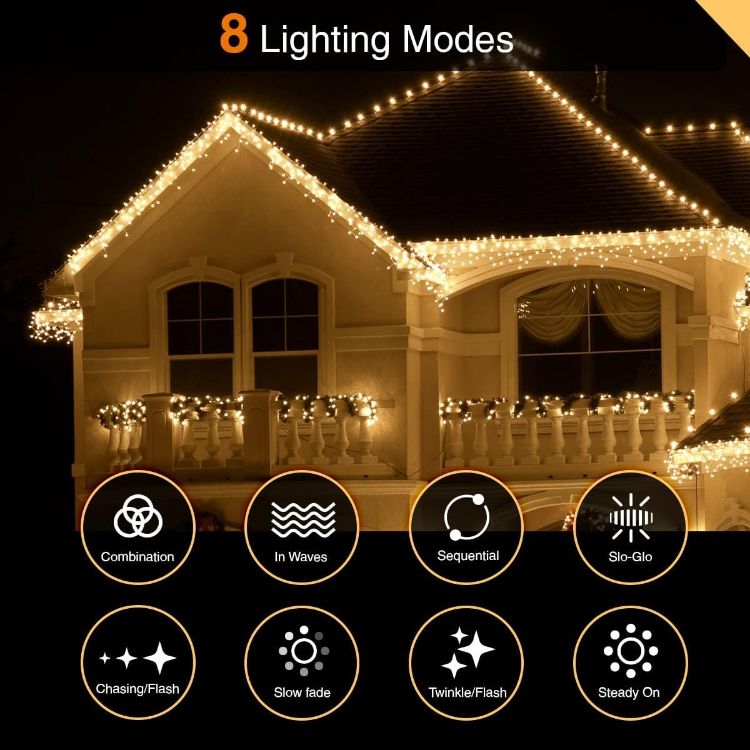 Picture of Outdoor Christmas Lights 220 LED 7.5m/24ft Icicle Lights Outdoor & Indoor Warm White Decorations String Fairy Outside Lights with Timer for Xmas Garden Bedroom & Party|Mains Powered Clear Cable