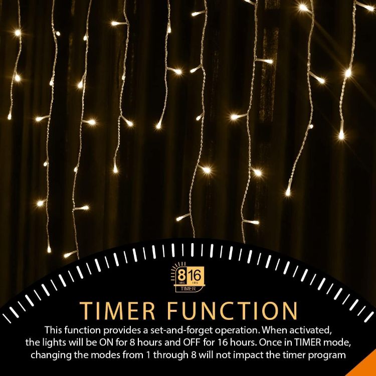 Picture of Outdoor Christmas Lights 220 LED 7.5m/24ft Icicle Lights Outdoor & Indoor Warm White Decorations String Fairy Outside Lights with Timer for Xmas Garden Bedroom & Party|Mains Powered Clear Cable