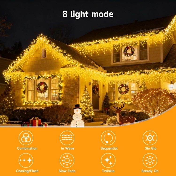 Picture of 515 LED 17M+10M/88.6FT Xmas Snowing Icicle Light, 94 Drops 8 Modes Waterproof Timer Indoor/Outdoor Icicle Christmas Decorations Lights for Roof, Garden (Warm White, 17M)
