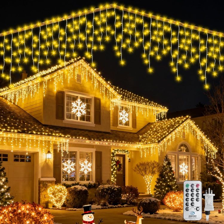 Picture of 515 LED 17M+10M/88.6FT Xmas Snowing Icicle Light, 94 Drops 8 Modes Waterproof Timer Indoor/Outdoor Icicle Christmas Decorations Lights for Roof, Garden (Warm White, 17M)