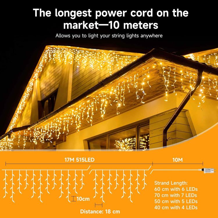 Picture of 515 LED 17M+10M/88.6FT Xmas Snowing Icicle Light, 94 Drops 8 Modes Waterproof Timer Indoor/Outdoor Icicle Christmas Decorations Lights for Roof, Garden (Warm White, 17M)