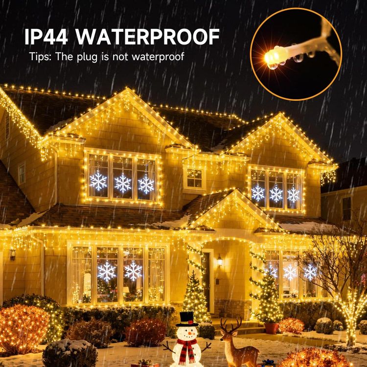 Picture of 515 LED 17M+10M/88.6FT Xmas Snowing Icicle Light, 94 Drops 8 Modes Waterproof Timer Indoor/Outdoor Icicle Christmas Decorations Lights for Roof, Garden (Warm White, 17M)