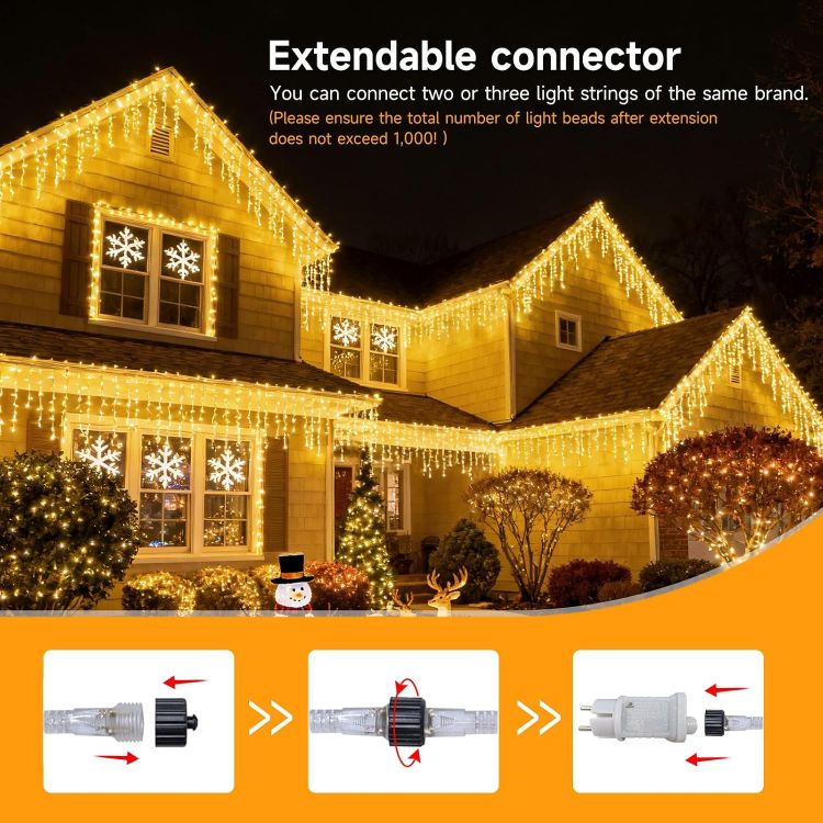 Picture of 515 LED 17M+10M/88.6FT Xmas Snowing Icicle Light, 94 Drops 8 Modes Waterproof Timer Indoor/Outdoor Icicle Christmas Decorations Lights for Roof, Garden (Warm White, 17M)