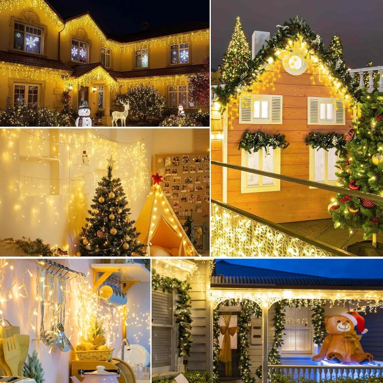 Picture of 515 LED 17M+10M/88.6FT Xmas Snowing Icicle Light, 94 Drops 8 Modes Waterproof Timer Indoor/Outdoor Icicle Christmas Decorations Lights for Roof, Garden (Warm White, 17M)