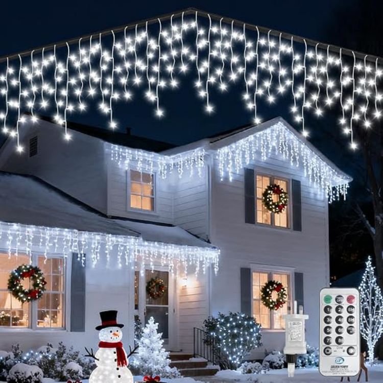 Picture of 515 LED 17M+10M/88.6FT Xmas Snowing Icicle Light, 94 Drops 8 Modes Waterproof Timer Indoor/Outdoor Icicle Christmas Decorations Lights for Roof, Garden (Warm White, 17M)