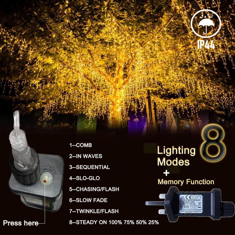 Picture of 320LED 11m/36.1ft Warm White Outdoor Hanging Party Fairy String Lights, 8 Modes Plug in Timer for Bedroom Patio Wedding IP44 Waterproof Christmas Decoration