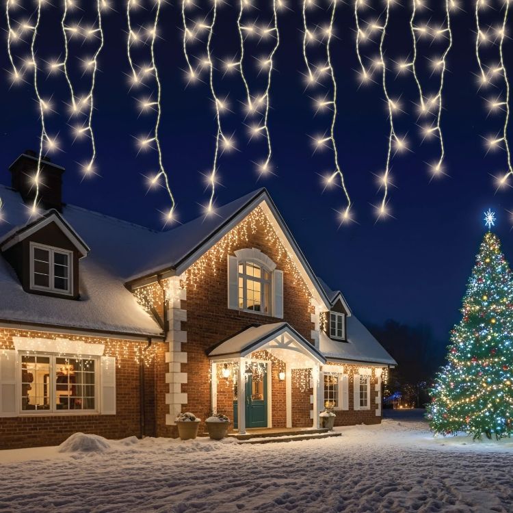 Picture of The Christmas Workshop Warm White Icicle LED Christmas Lights/Mains Powered with 8 Functions/Indoor or Outdoor Fairy Lights for Home, Weddings and Gardens (240)
