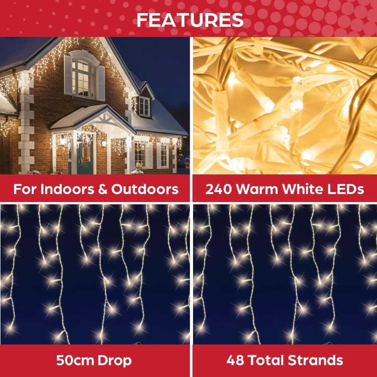 Picture of The Christmas Workshop Warm White Icicle LED Christmas Lights/Mains Powered with 8 Functions/Indoor or Outdoor Fairy Lights for Home, Weddings and Gardens (240)