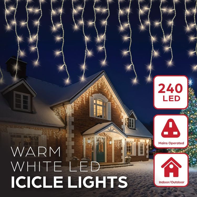 Picture of The Christmas Workshop Warm White Icicle LED Christmas Lights/Mains Powered with 8 Functions/Indoor or Outdoor Fairy Lights for Home, Weddings and Gardens (240)