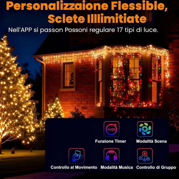 Picture of Outdoor Christmas Lights 400 LED 10M, 【APP Control】 Waterproof Warm White and RGB Icicle Lights, Remote +17 Modes + 4 Brightness + Timer + Speed, Xmas Lights Outdoor Decorations 