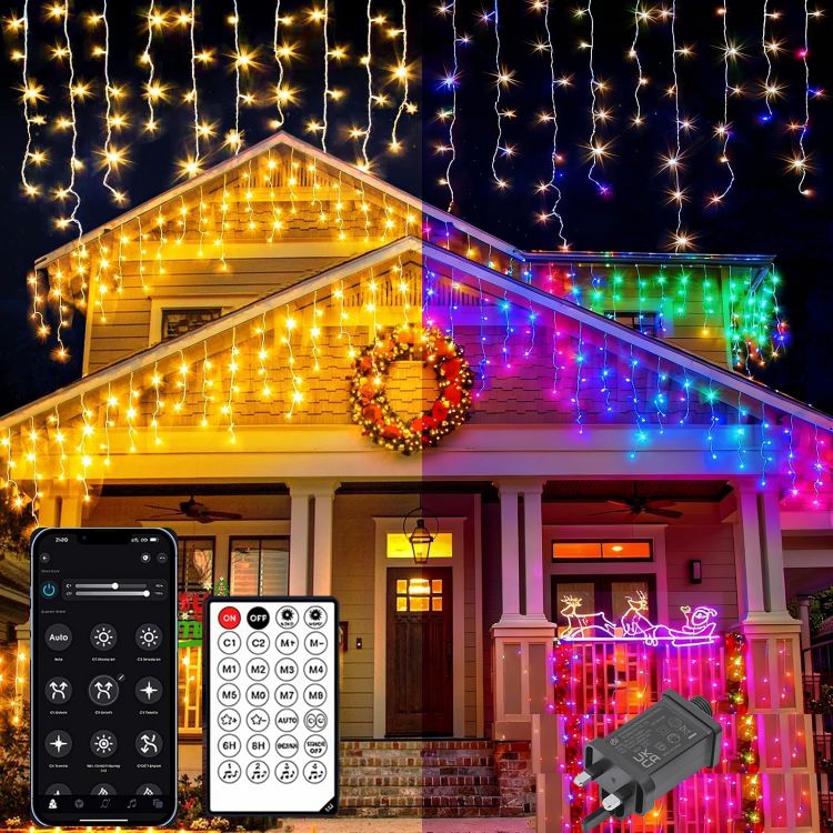 Picture of Outdoor Christmas Lights 400 LED 10M, 【APP Control】 Waterproof Warm White and RGB Icicle Lights, Remote +17 Modes + 4 Brightness + Timer + Speed, Xmas Lights Outdoor Decorations 