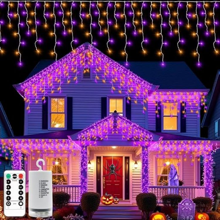 Picture of Outdoor Christmas Lights 6M 300 LED with Remote Timer  8 Modes Icicle Fairy Lights Battery Operated Curtain String Lights for Window Gazebo Balcony Eaves Decor (Cool White)