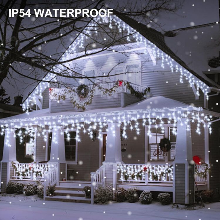 Picture of Outdoor Christmas Lights 6M 300 LED with Remote Timer  8 Modes Icicle Fairy Lights Battery Operated Curtain String Lights for Window Gazebo Balcony Eaves Decor (Cool White)