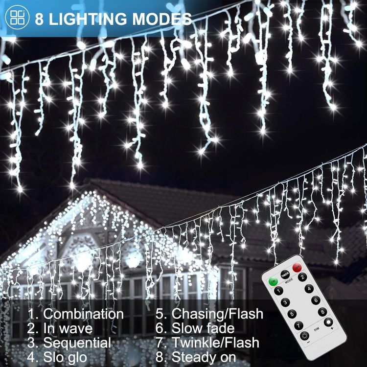 Picture of Outdoor Christmas Lights 6M 300 LED with Remote Timer  8 Modes Icicle Fairy Lights Battery Operated Curtain String Lights for Window Gazebo Balcony Eaves Decor (Cool White)