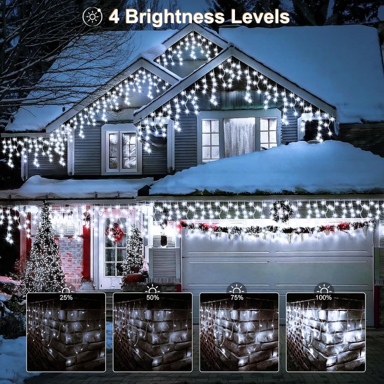 Picture of Outdoor Christmas Lights 6M 300 LED with Remote Timer  8 Modes Icicle Fairy Lights Battery Operated Curtain String Lights for Window Gazebo Balcony Eaves Decor (Cool White)
