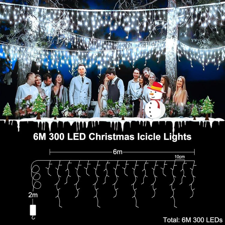 Picture of Outdoor Christmas Lights 6M 300 LED with Remote Timer  8 Modes Icicle Fairy Lights Battery Operated Curtain String Lights for Window Gazebo Balcony Eaves Decor (Cool White)