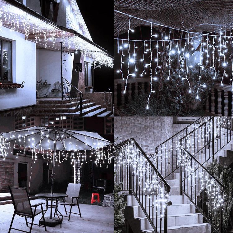 Picture of Outdoor Christmas Lights 6M 300 LED with Remote Timer  8 Modes Icicle Fairy Lights Battery Operated Curtain String Lights for Window Gazebo Balcony Eaves Decor (Cool White)